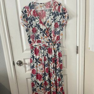 Roxy Long Floral Dress V-Neck with Pull through Belt